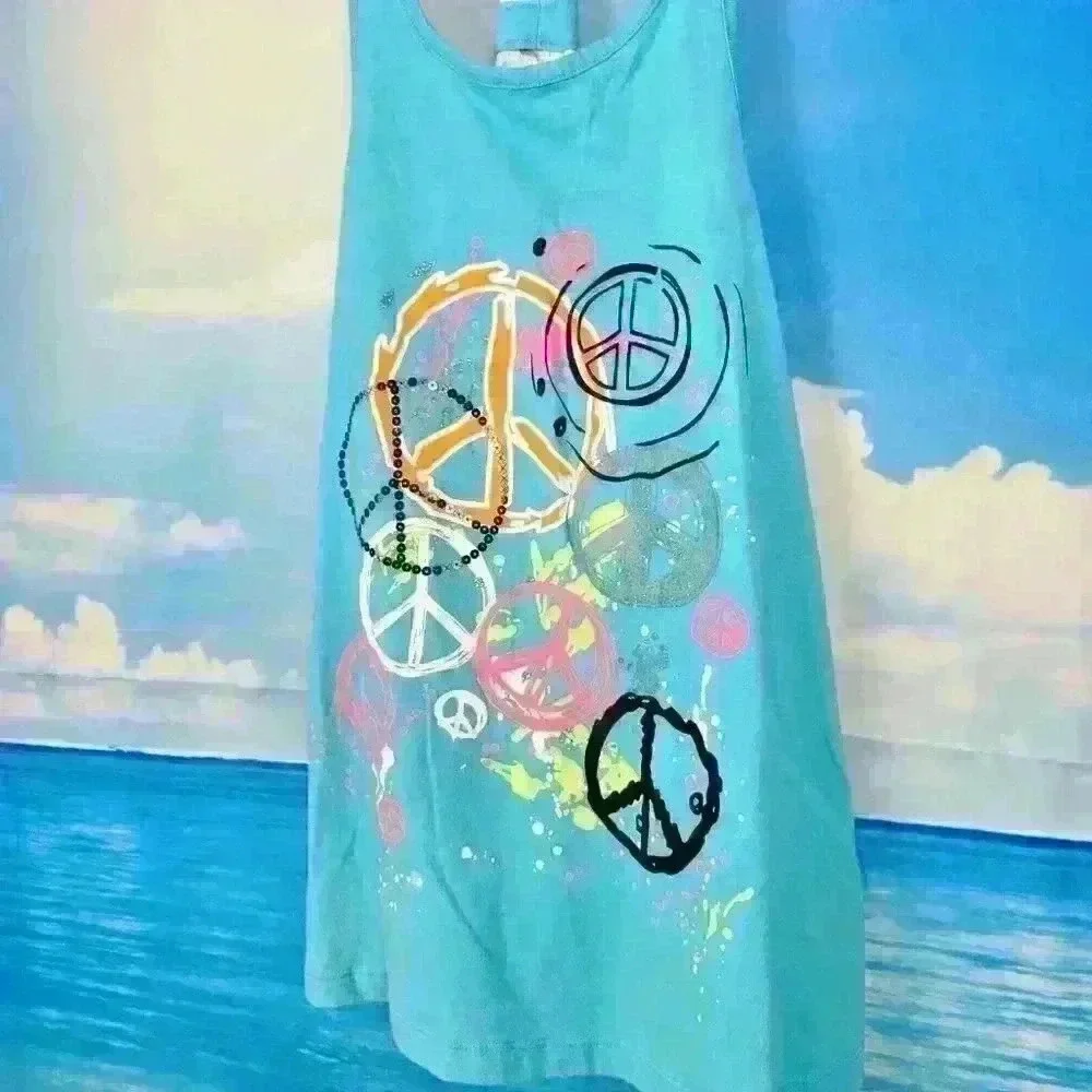 POGO CLUB Beach Cover HIPPIE BOHO Tank Top Racerback TEAL Peace Signs Lg 14/16
